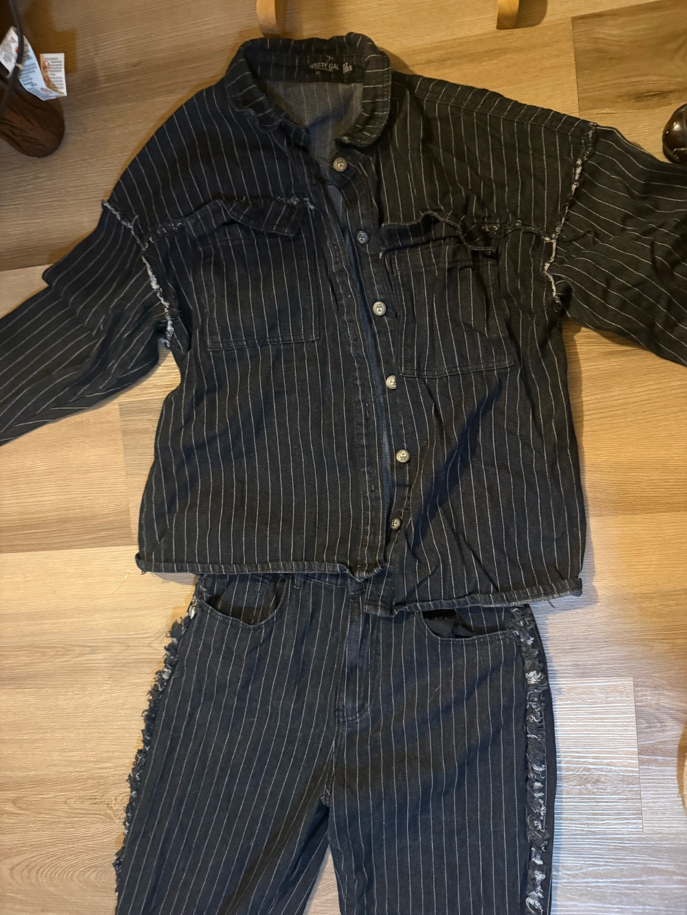 Nasty Gal Black Pinstripe Button-Front Denim Shirt and Pant Set